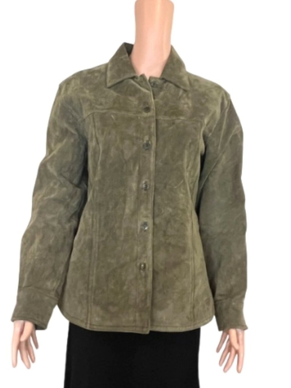 AMI Suede Leather Jacket Womens Larg Olive Green Button Front Satin Lined